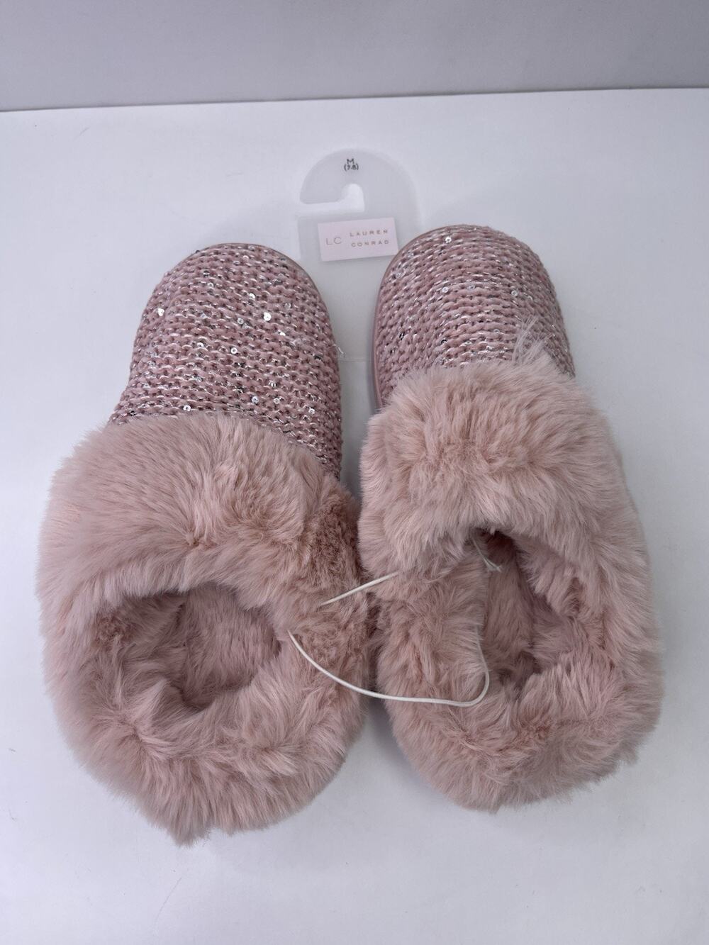 LC Lauren Conrad Women’s Sequin Knit Faux Fur Clog Slippers Pink M (7-8) NWT